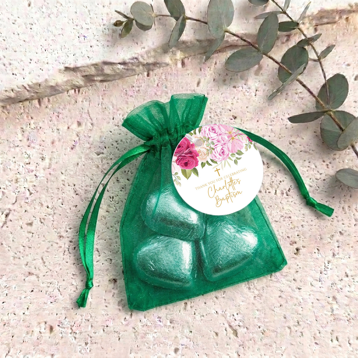 Pink Rose Waterfall Christening Personalised Organza Bags with Chocolate Hearts