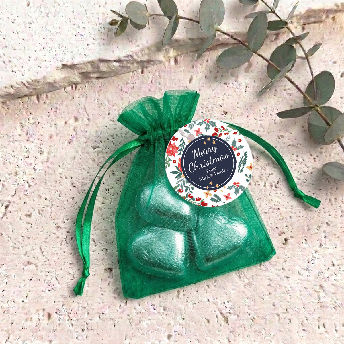 Christmas Florals Personalised Organza Bags with Chocolate Hearts