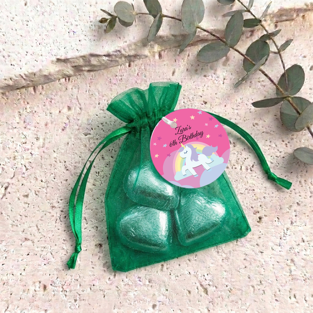 Rainbow Unicorn Girls Birthday Personalised Organza Bags with Chocolate Hearts