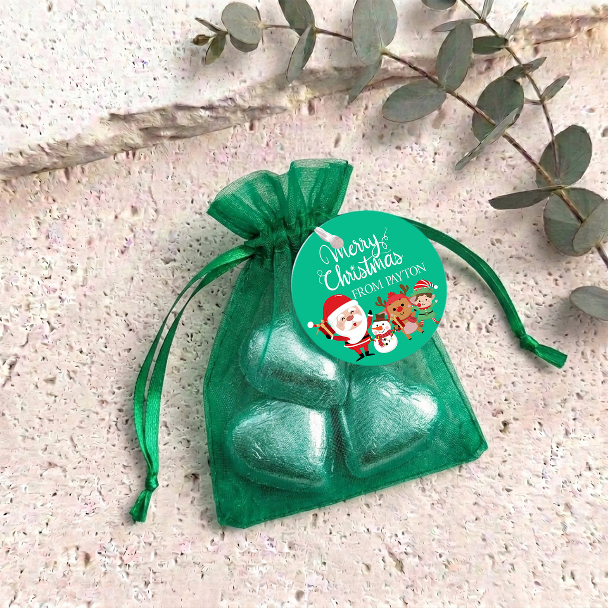 Merry Christmas Green Personalised Organza Bags with Chocolate Hearts