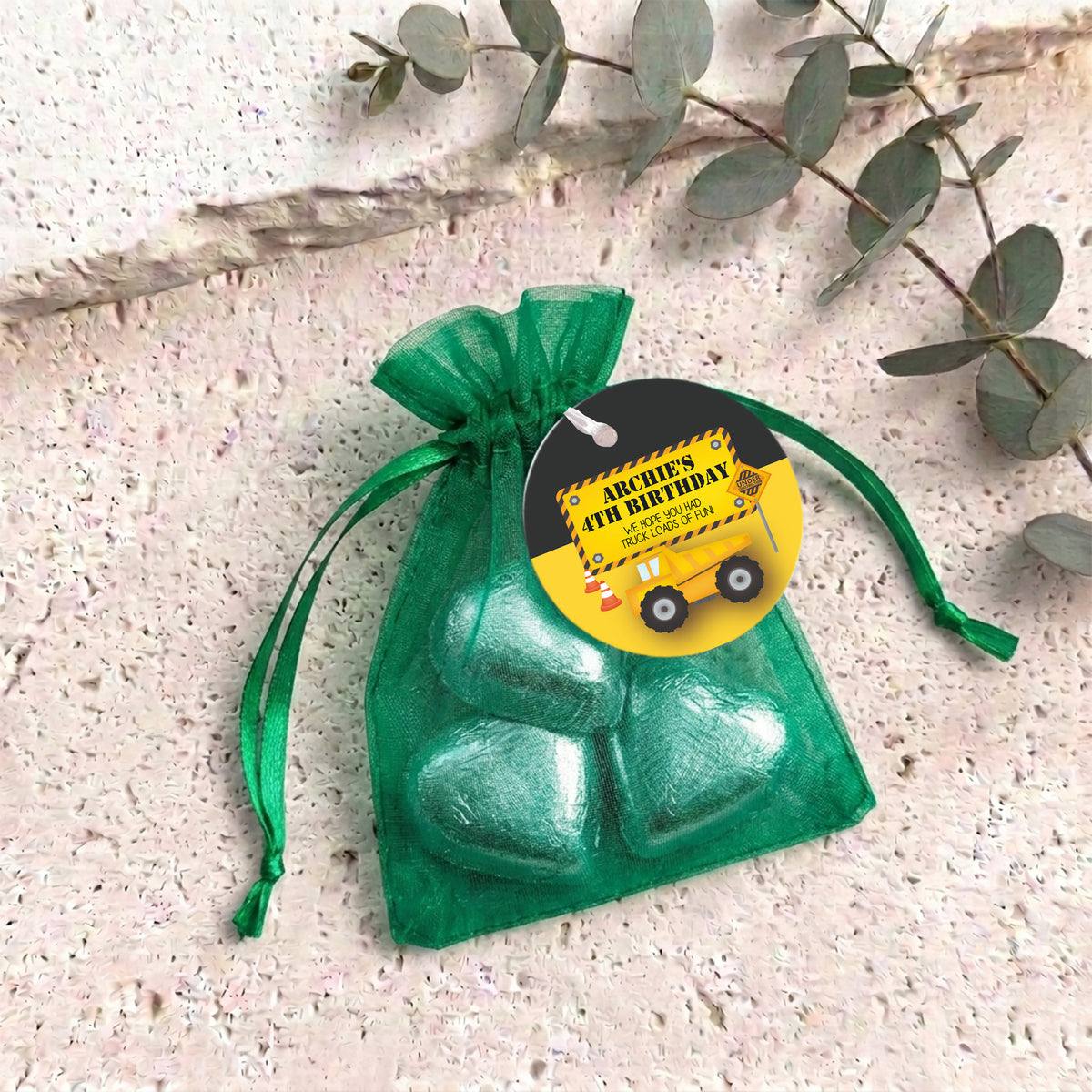 Trucks Diggers Birthday Personalised Organza Bags with Chocolate Hearts