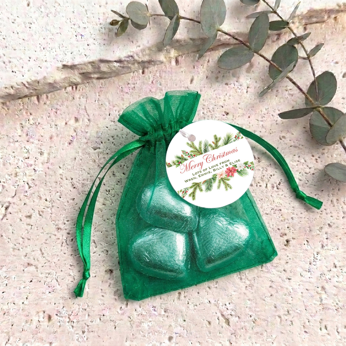 Watercolour Christmas Personalised Organza Bags with Chocolate Hearts