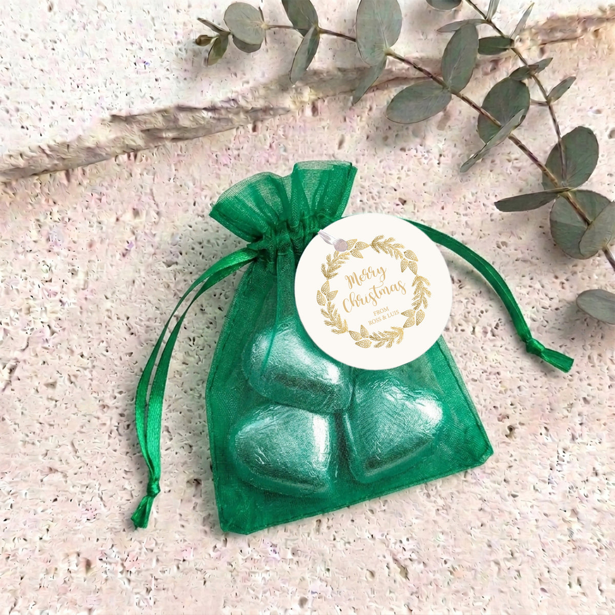 Christmas Gold Pine Personalised Organza Bags with Chocolate Hearts