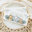 Personalised baby shower chocolate bars with happy animal jungle wrappers, thank-you text
