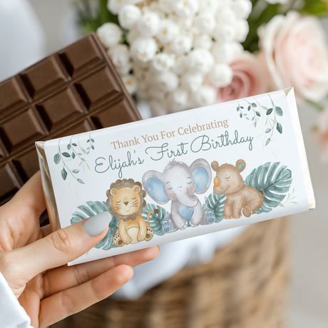 Personalised chocolate bar wrapper with cute baby animals and First Birthday message
