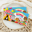 Circus birthday chocolate bar with animal banner and “Georgie turns four” text