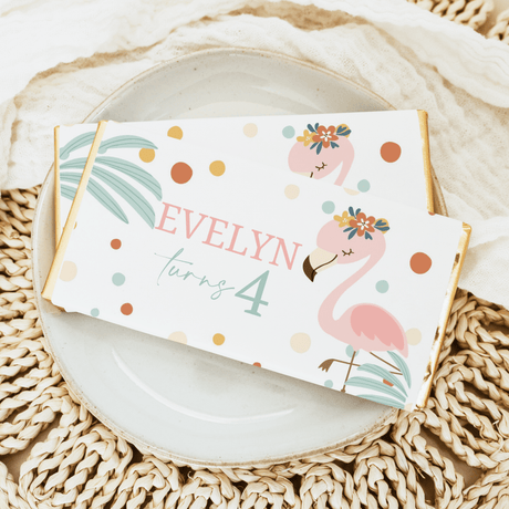 Flamingo birthday chocolate bar wrapper with pink flamingos and text 'Evelyn 4'