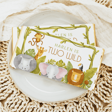 Two Wild jungle-themed chocolate bar wrapper with animals and bold text