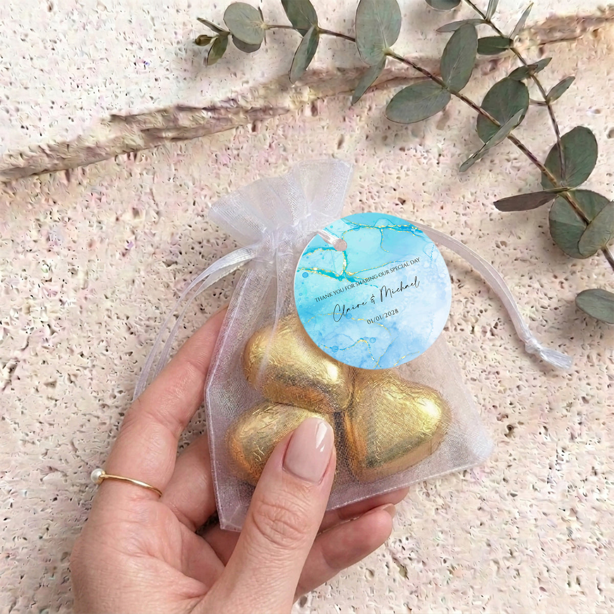 Blue Gold Marble Wedding Personalised Organza Bags with Chocolate Hearts
