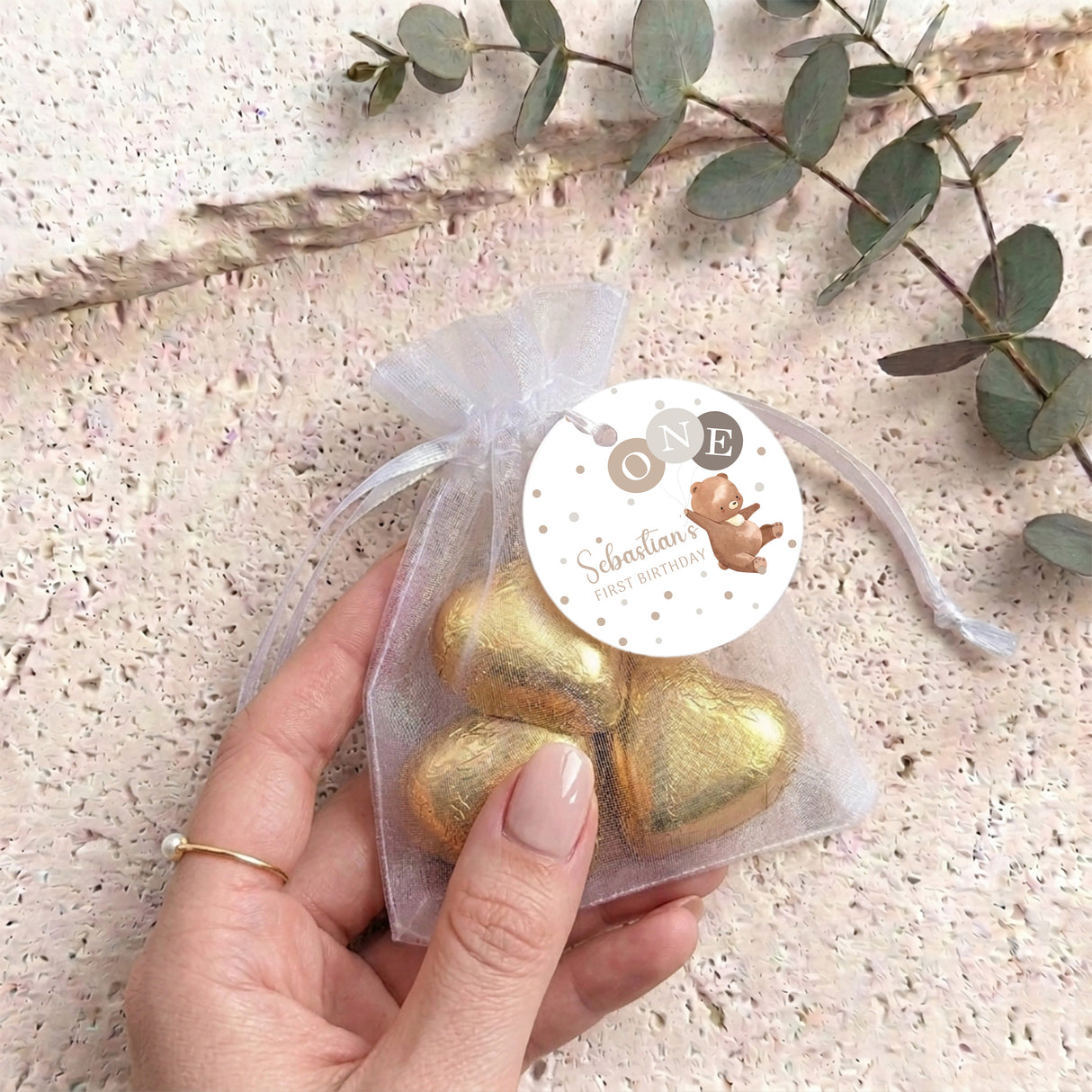 Brown Bear Balloons Baby Personalised Organza Bags with Chocolate Hearts