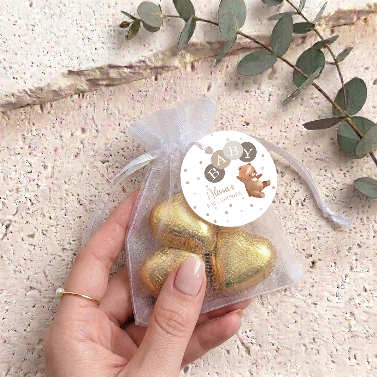 Brown Bear Balloons Baby Shower Personalised Organza Bags with Chocolate Hearts