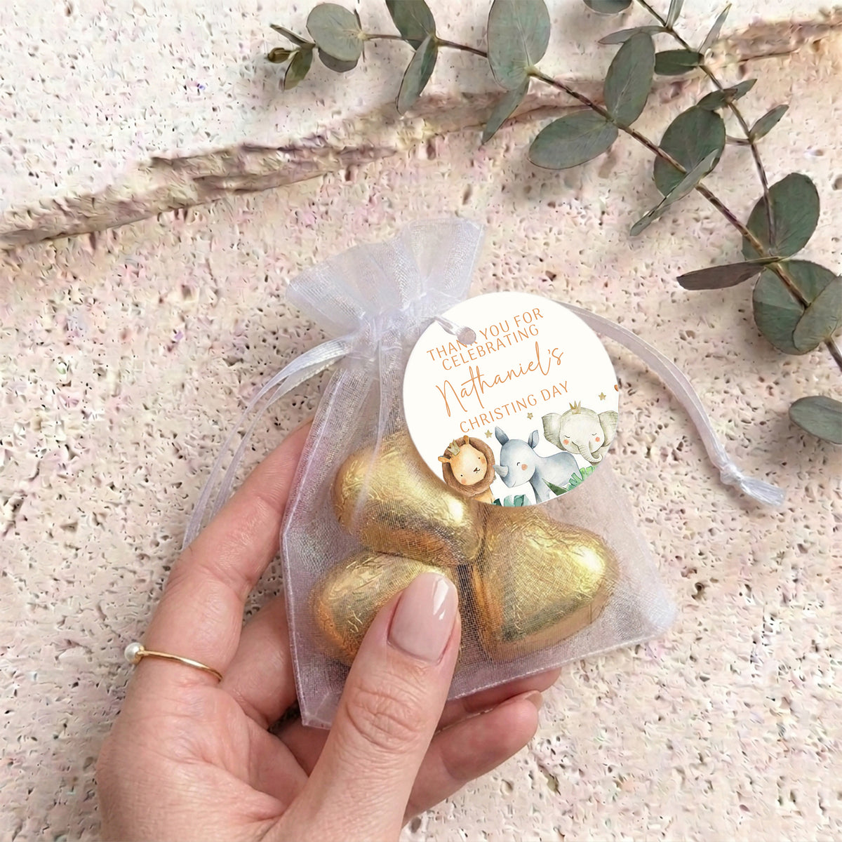 Cute Watercolor Baby Animals Christening Personalised Organza Bags with Chocolate Hearts