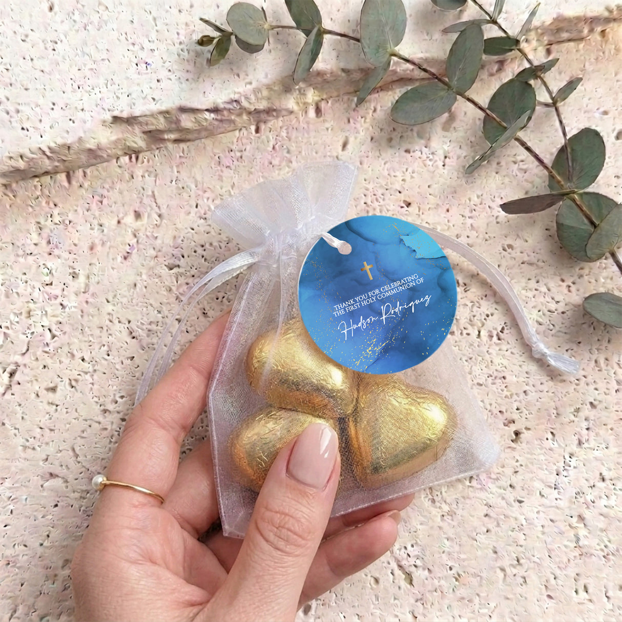 Deep Blue Gold Cross First Holy Communion Personalised Organza Bags with Chocolate Hearts