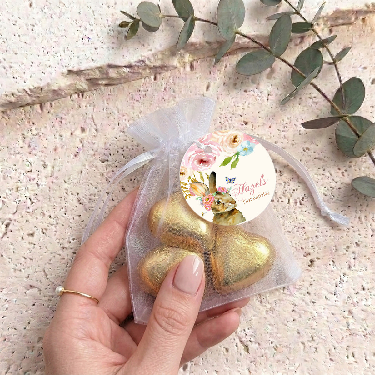 Floral Bunny First Birthday Personalised Organza Bags with Chocolate Hearts