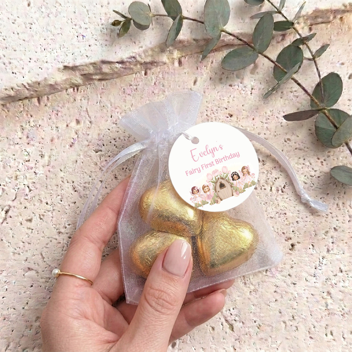Fairy Birthday Chocolate Wrapper Personalised Organza Bags with Chocolate Hearts