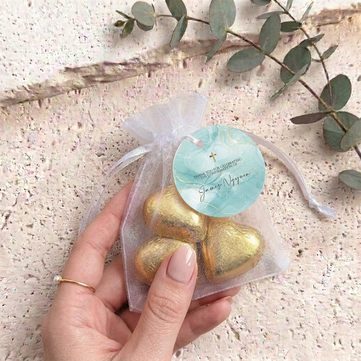 Green Gold Cross Confirmation Personalised Organza Bags with Chocolate Hearts