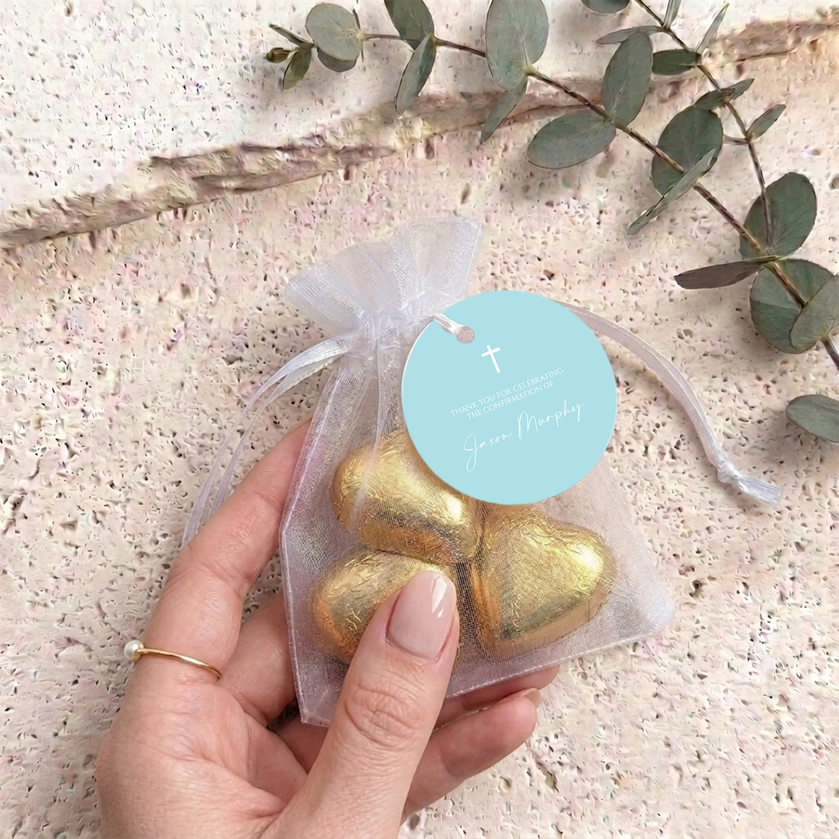 Pastel Blue White Cross Confirmation Personalised Organza Bags with Chocolate Hearts