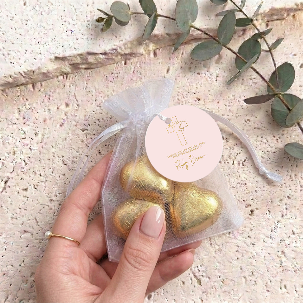 Pink Dove Cross Confirmation Personalised Organza Bags with Chocolate Hearts