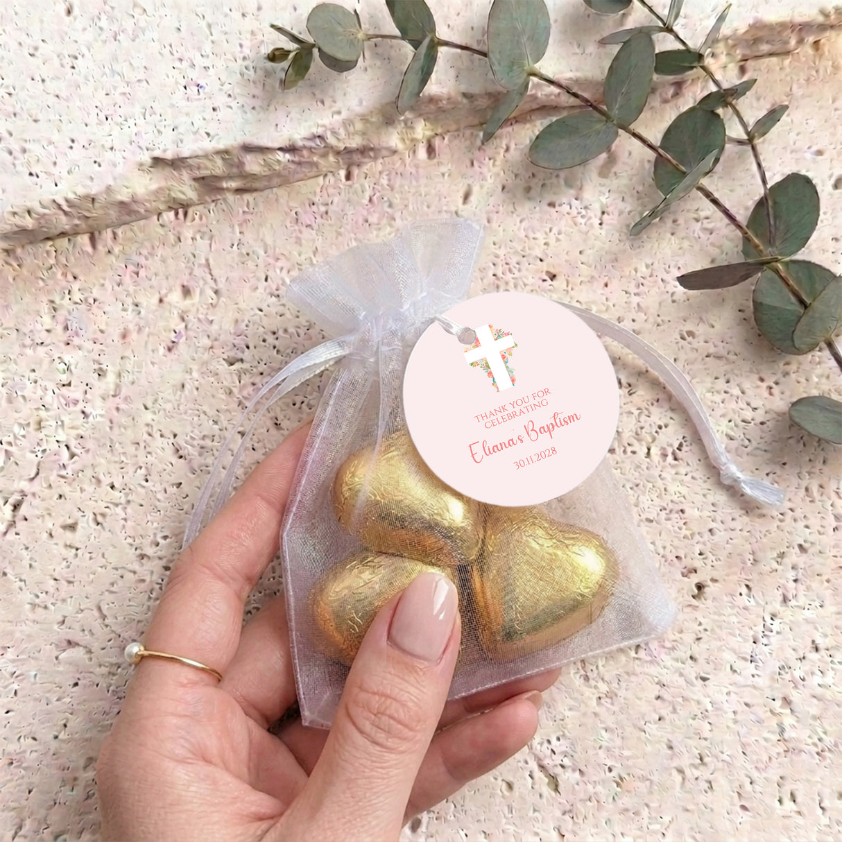 Pink Floral Cross Baptism Personalised Organza Bags with Chocolate Hearts