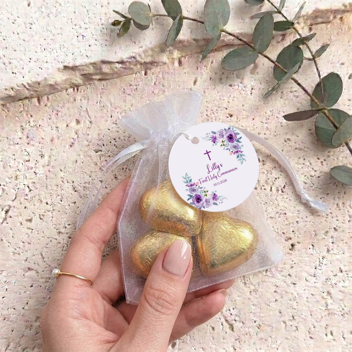 Pink Purple Roses First Holy Communion Personalised Organza Bags with Chocolate Hearts