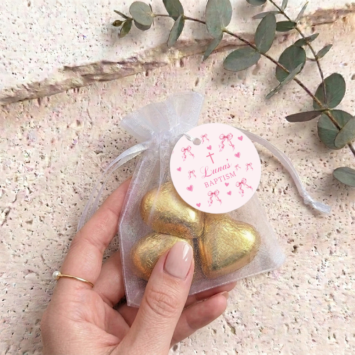 Pink Ribbons Bow Baptism Personalised Organza Bags with Chocolate Hearts