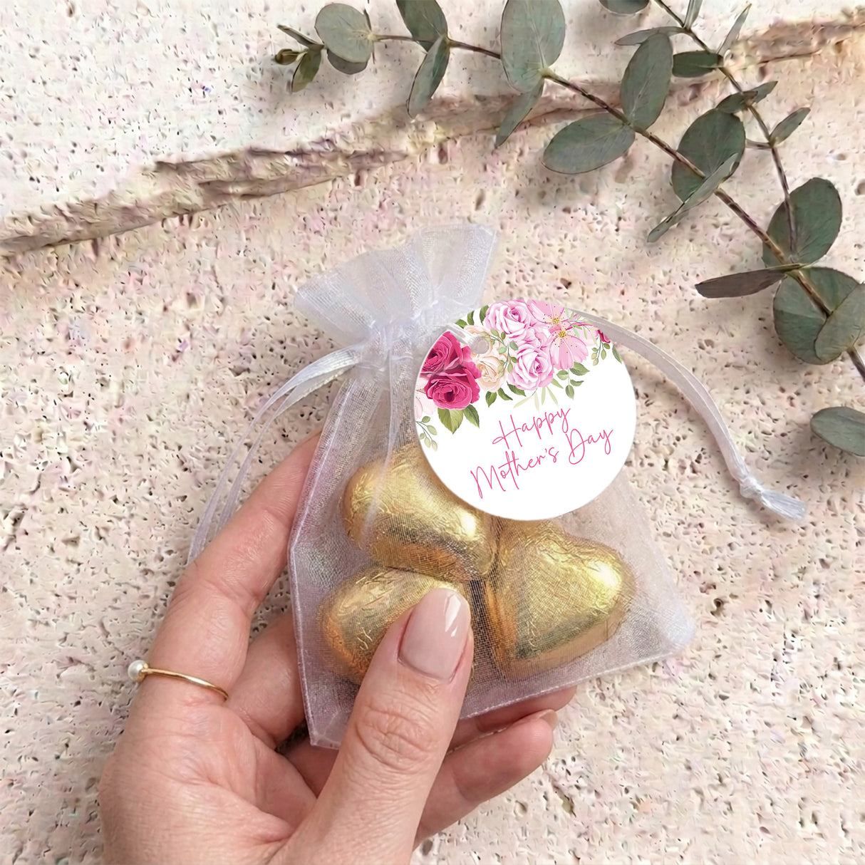 Pink Rose Waterfall Mothers Day Personalised Organza Bags with Chocolate Hearts