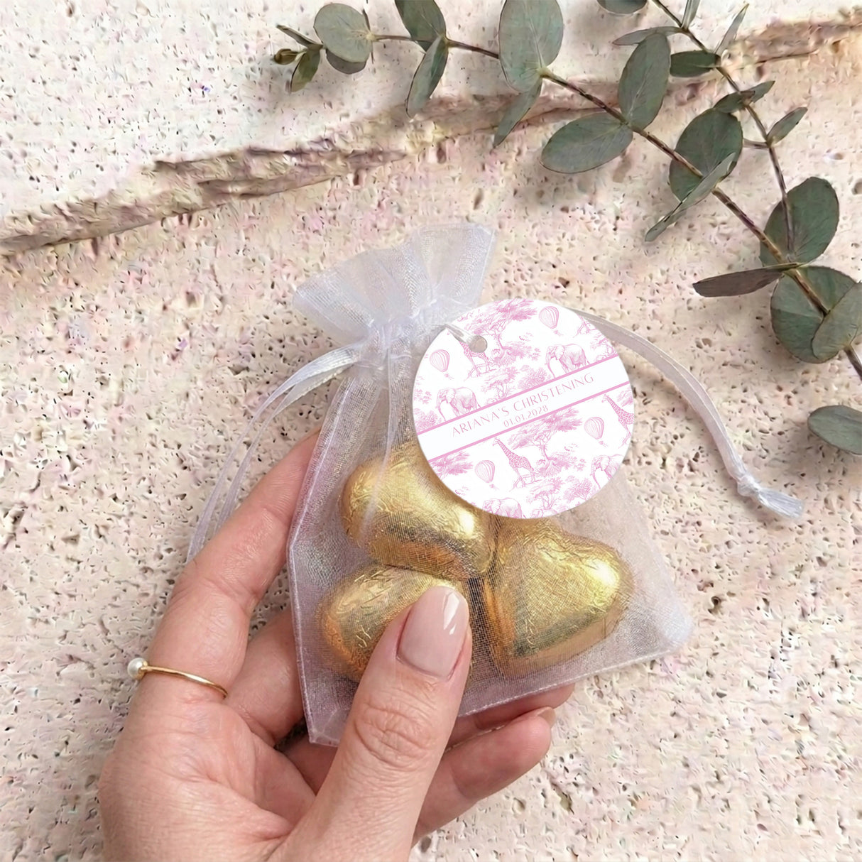 Pink Safari Toile Christening Personalised Organza Bags with Chocolate Hearts