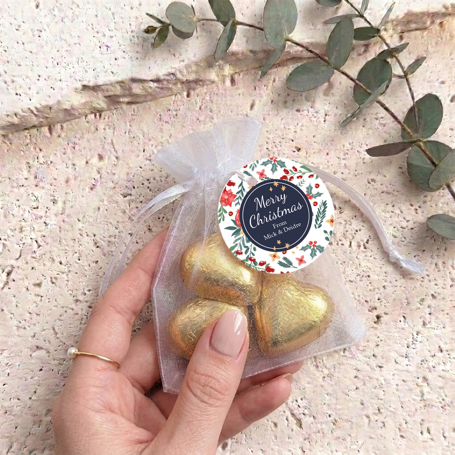 Christmas Florals Personalised Organza Bags with Chocolate Hearts