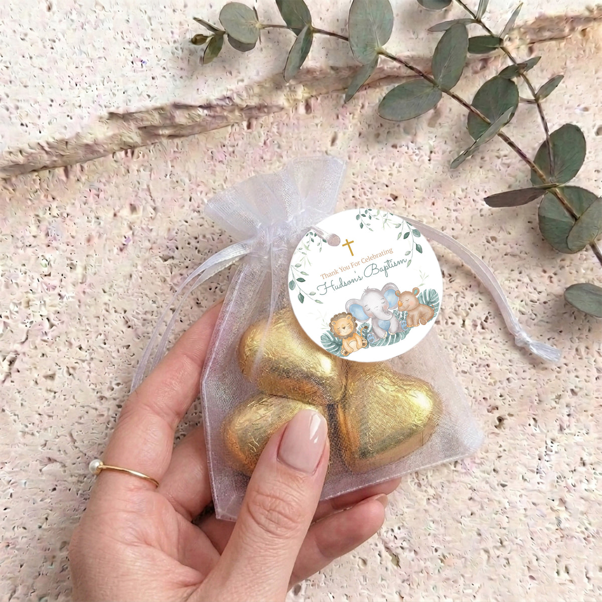 Sleepy Safari Animals Baptism Personalised Organza Bags with Chocolate Hearts