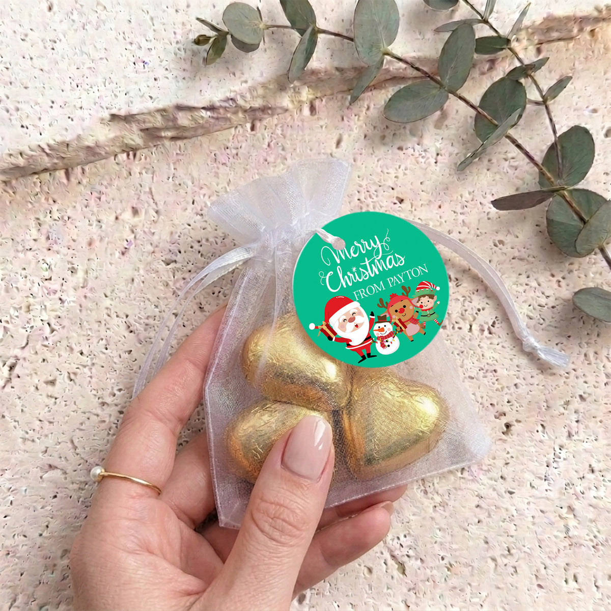 Merry Christmas Green Personalised Organza Bags with Chocolate Hearts