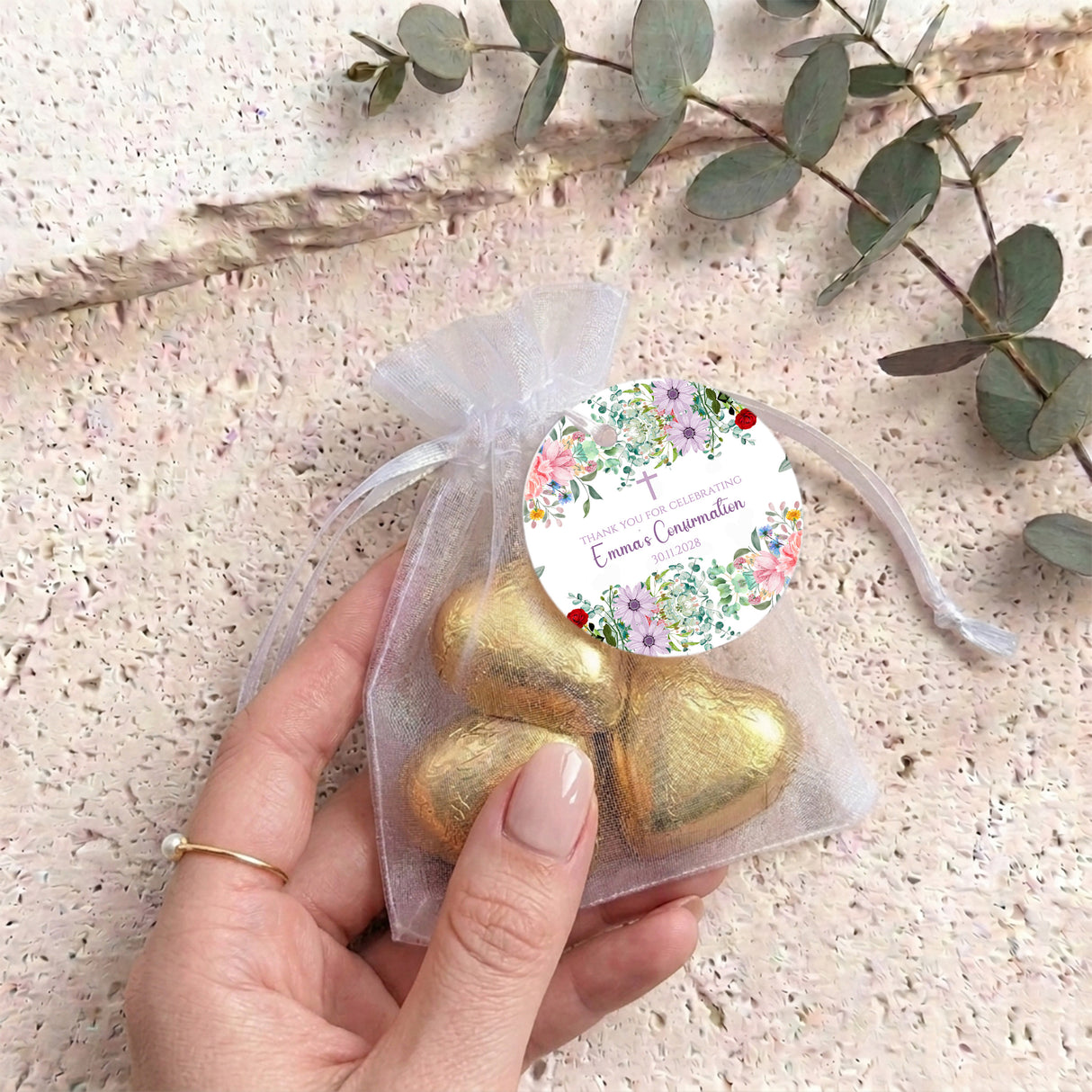 Wildflower Confirmation Personalised Organza Bags with Chocolate Hearts