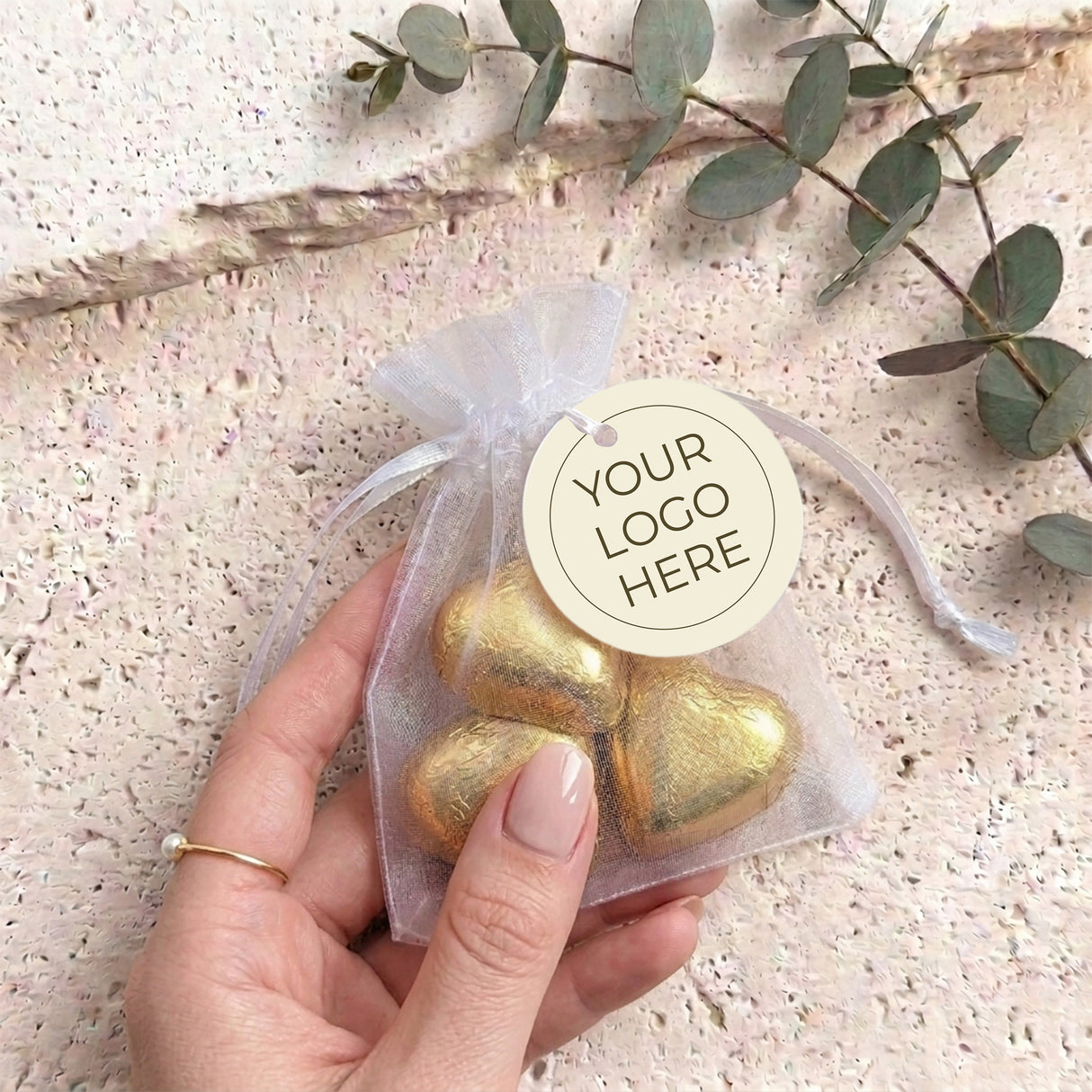 Corporate Personalised Organza Bags with Chocolate Hearts