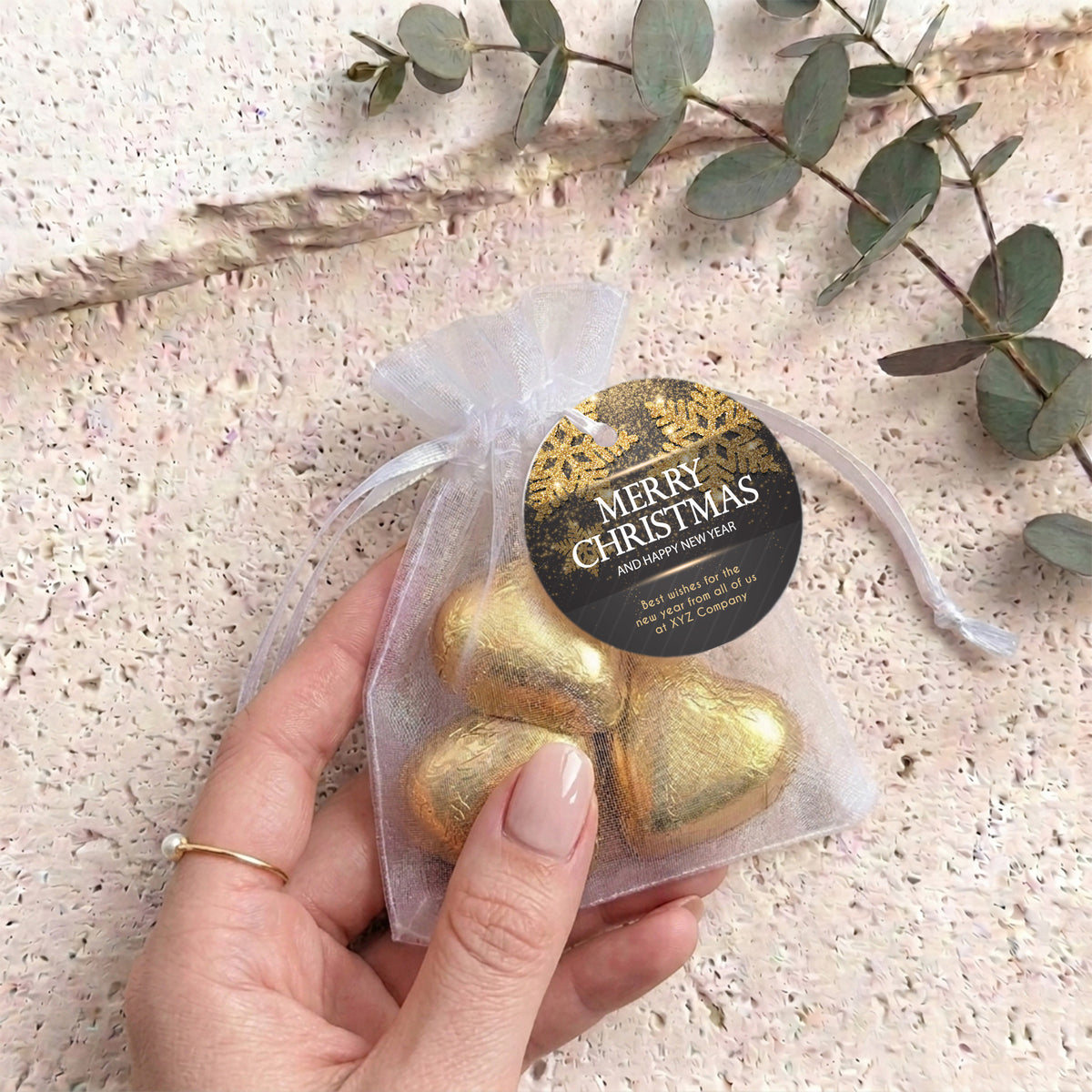 Christmas Gold Black Personalised Organza Bags with Chocolate Hearts