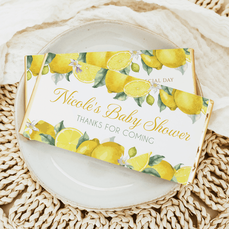Personalised lemon baby shower chocolate bar with yellow citrus wrapper and thank-you text