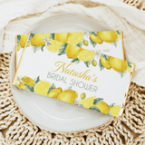 Bridal shower chocolate bar wrapper with lemons print and 'Natasha's Bridal Shower' text