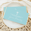 Light blue christening chocolate bar wrapper with cross and 'Thank you' text