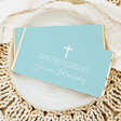 Light blue personalized chocolate bar label with white cross and Thank you message
