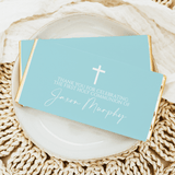 Light blue personalized chocolate bar label with white cross and Thank you message