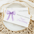 Lilac bow custom first birthday chocolate bar wrapper with name Sienna's and thank-you text