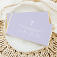 Lilac custom christening chocolate bar wrapper with white cross, thank-you text, and custom name