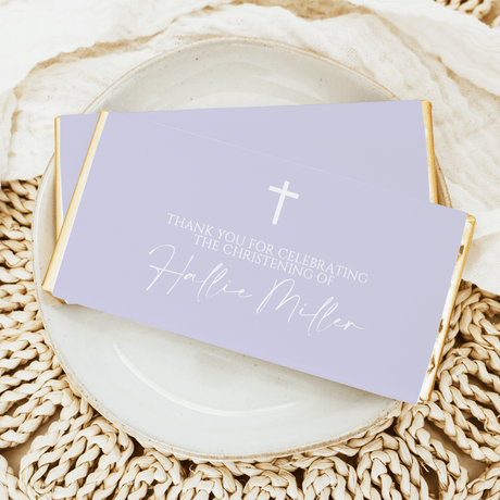 Lilac custom christening chocolate bar wrapper with white cross, thank-you text, and custom name