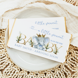 Baby shower chocolate bar with baby elephant, crown, and gold lettering wrapper