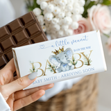 Baby elephant themed chocolate bar with gold crown, "Arriving Soon" label