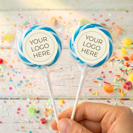 Blue swirled lollipops with “Your Logo Here” labels on white sticks