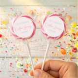 Personalized lollipop pair with pink candy swirl, 'Custom Design' label on each stick
