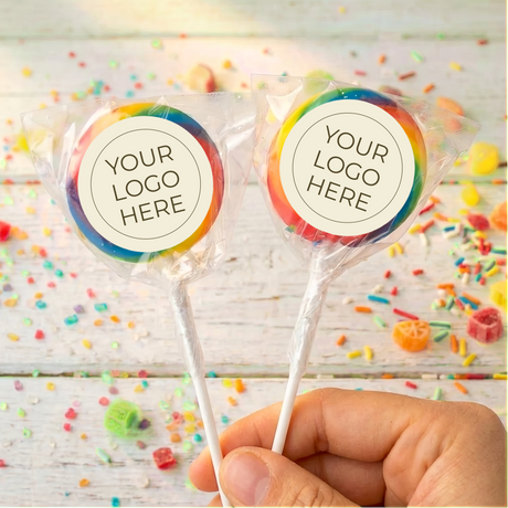 Swirled lollipop set with “Your Logo Here” labels on white sticks