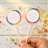 Personalized lollipop pair with blue candy swirl, 'Custom Design' label on each stick