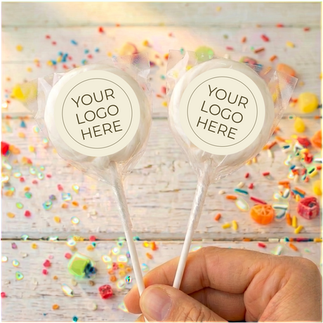 Light swirled lollipops with “Your Logo Here” labels on white sticks