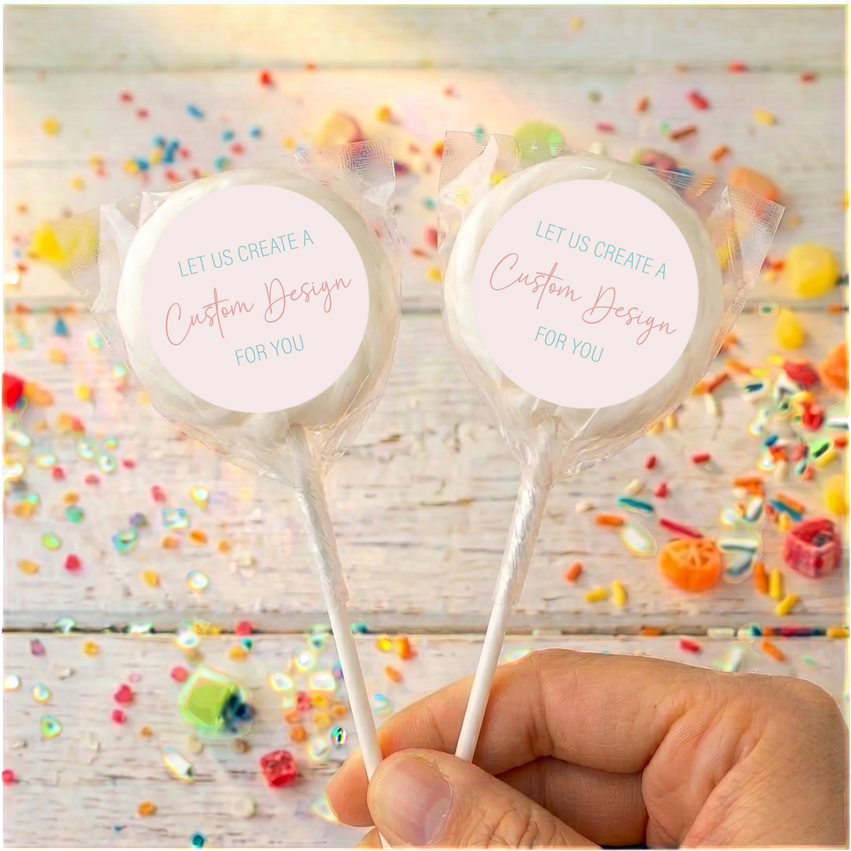 Personalized lollipop pair with white candy swirl, 'Custom Design' label on each stick