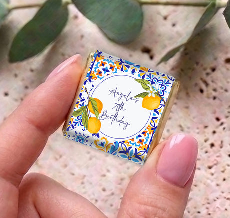 Mini chocolate box with lemon icons and blue patterned border, Angel 70th Birthday